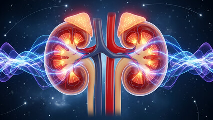 Kidney health medical illustration showing human renal system with glowing anatomy and energy waves for disease research diagnosis hospital education and healthcare marketing