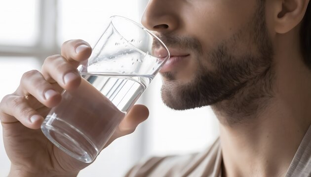 Close-up of a man staying hydrated by drinking a refreshing glass of clean water for good health