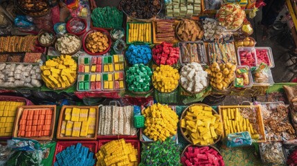 Fototapeta premium Top-down view of vibrant Indonesian snack market stall Kue Lapis Pisang Goreng colorful array in Indonesia