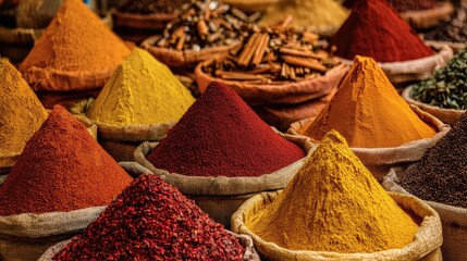 Market Colors An abstract close-up shot of the piles of spices and powders at a market creating a vibrant palette of reds yellows and browns textural and colorful in Mexico