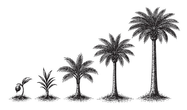 This vintage-style engraving depicts the life cycle of a palm tree, from a sprouting seed to a fully mature specimen.