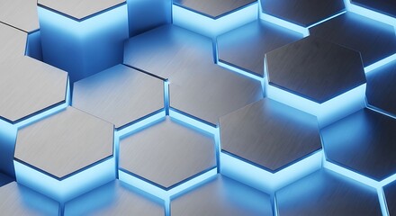 Modern geometric pattern featuring hexagonal shapes with blue illumination and metallic surfaces in various orientations.