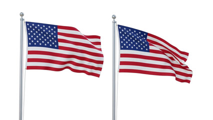 Fototapeta premium American flags waving on silver poles against white background