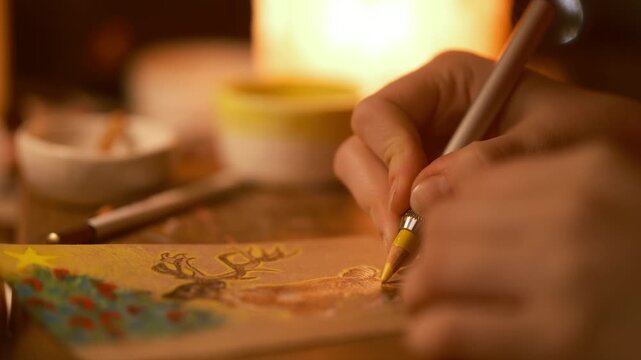 Cinematic close up of a pencil drawing depicting a Christmas reindeer on paper. Detailed graphite lines, soft lighting and shallow depth of field create a cozy holiday mood. Artistic handmade