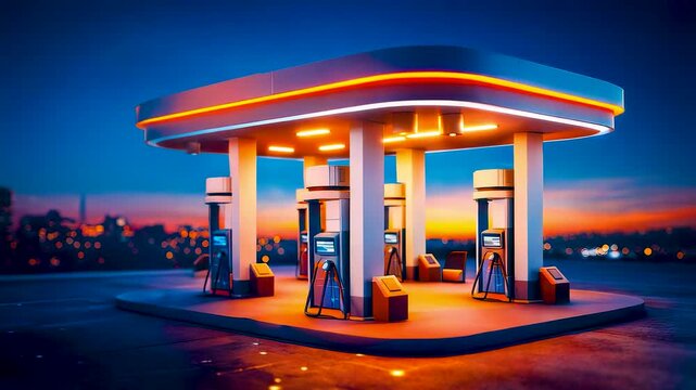 Modern fuel station at dusk with illuminated pumps, clean architecture and energy distribution infrastructure in urban roadside setting