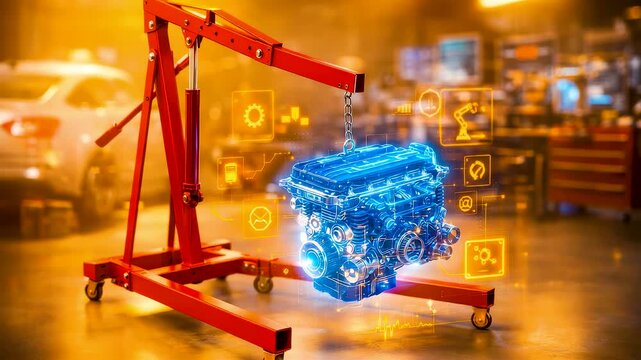 Automotive engine diagnostics and maintenance concept with digital power unit model on workshop crane and smart technology interface