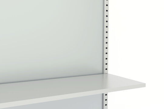 Minimal metal gondola shelving unit for supermarket or retail store display, industrial and clean design, 3D Rendering.