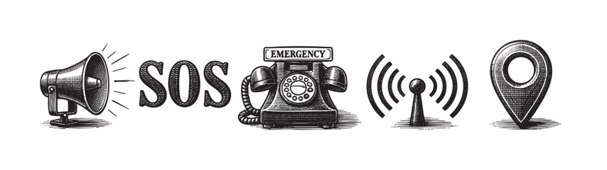 A retro black and white illustration of five icons representing emergency services: a megaphone, SOS text, an old telephone, a signal tower, and a map pin.