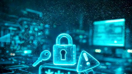 Digital data security warning with glowing lock symbol, encryption alert signs and network protection interface in modern cyber environment - Powered by Adobe