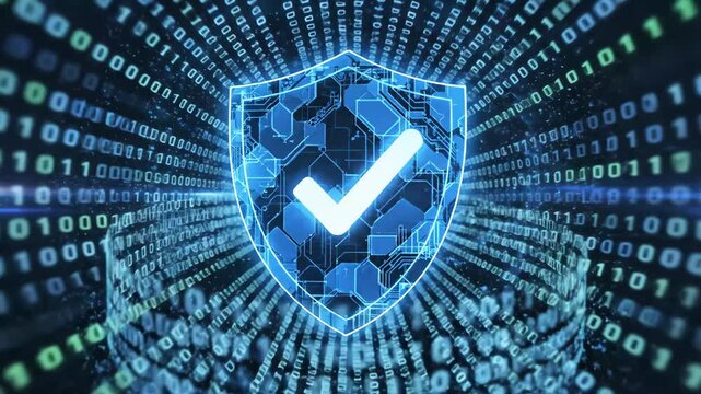 Digital Shield With Check Mark Symbol Glowing Blue Against Abstract Binary Code Background