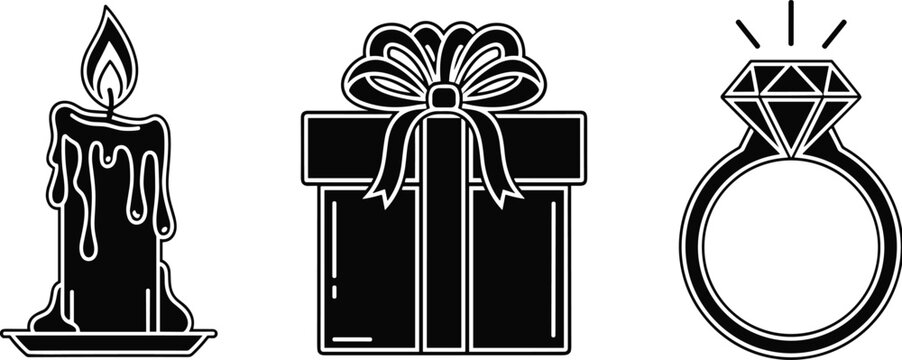 Black and white romantic vector icons of candle, gift box, and sparkling diamond ring for love, celebration, and proposal design
