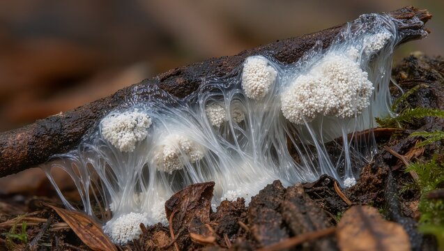 Ceratiomyxa slime mold sporulating on decaying wood, forming white globular clusters connected by thin threads, in a moist forest with moss and decomposing leaves