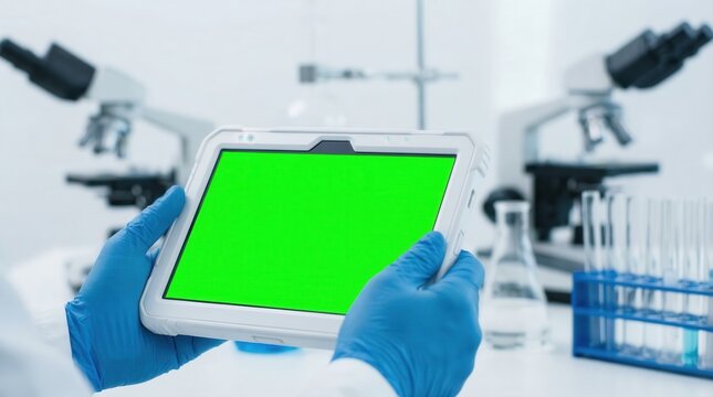 Medical Researcher Hands Holding Blank Green Screen Tablet in Lab