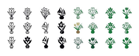 Collection of decorative floral icons featuring tulips, daffodils, and snowdrops in various styles