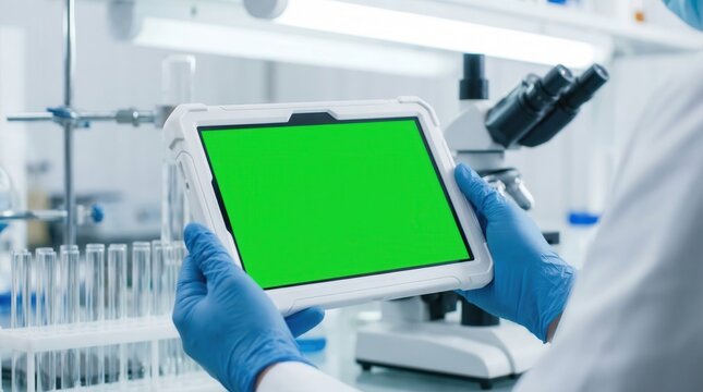 Close-up Scientist Hand with Tablet Green Screen Mockup Background