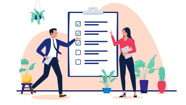 Professional colleagues managing a project checklist and ticking off completed tasks for quality control and business productivity in a modern flat design vector illustration
