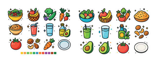Fototapeta premium Colorful food and drink icons: vegetables, fruits, and beverages