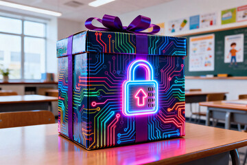 Child Online Safety Concept with Back to School Gift Boxes, Colorful Circuit Wrapping and Glowing Digital Lock in Bright Classroom