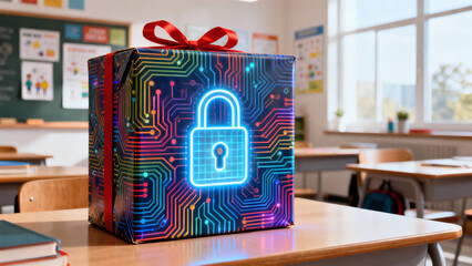 Back to School Gift Boxes with Colorful Circuit Board Wrapping, Glowing Digital Lock and Child Online Safety Concept in Modern Classroom