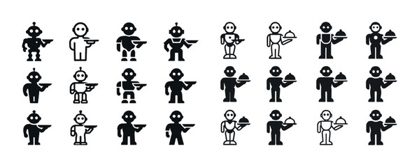 Diverse robot vector icons collection - black and white robotic illustrations