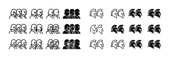 Spartan helmet icon set: outlined and solid variations of warrior heads