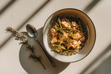 Simple fasting bowl with cooked grains and tender fish pieces in ceramic bowl