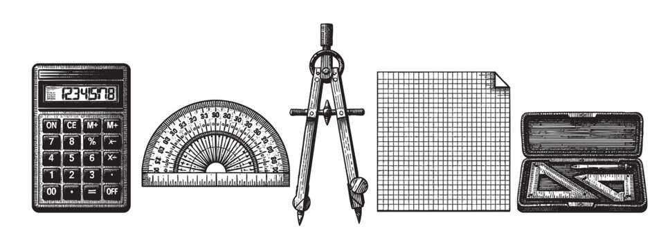 An illustration in vintage style shows school math tools including a calculator, protractor, compass, graph paper notebook, and a drafting set in a case.