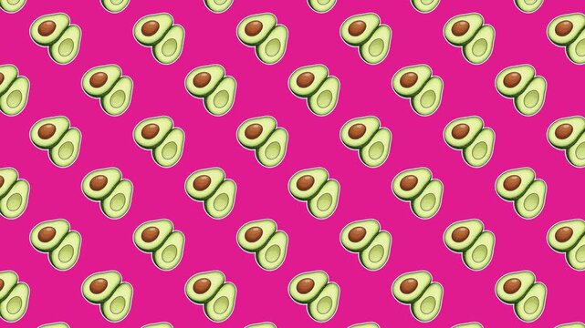 Dynamic motion graphic featuring rhythmic dancing avocados. The bright magenta backdrop creates a striking contrast for this playful, organic fruit pattern animation