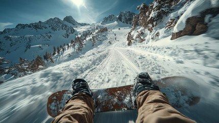 First-person view of snowboarder racing down mountain slope, snow, speed, adrenaline, freedom, winter, extreme, adventure.
