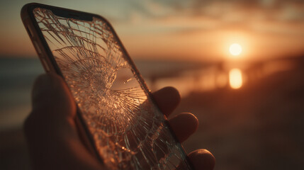 Cracked smartphone screen in hand at seaside sunset, sun reflection, fragility, loss, technology, emotions, memory, time, mood.
