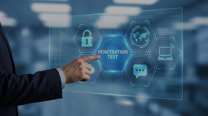 text Penetration Test Cyber Security Concept Businessman Touching Digital Screen