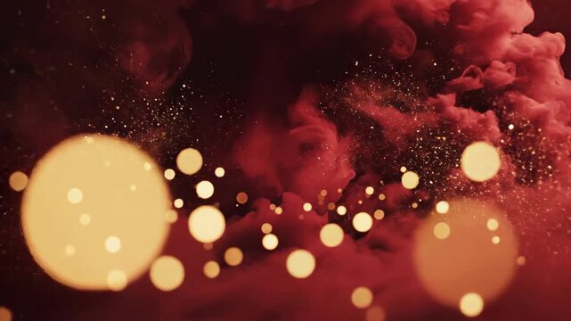 Abstract red cloud formations with glowing bokeh effect particles