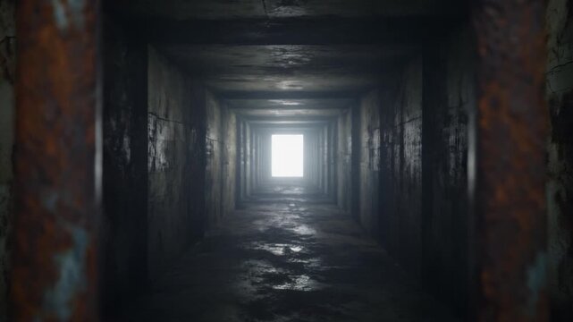 Dolly shot breaking free through rusty prison bars, freedom concept footage.