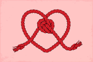 Hand drawn illustration of a red rope knotted into a heart shape with frayed ends on a soft pink textured background © asgraphics13
