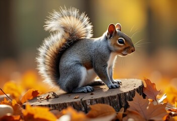 Obraz premium Curious grey squirrel perches on stump in autumn forest