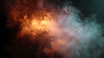 Abstract swirling clouds of orange fire and teal smoke blend dynamically against a dark background