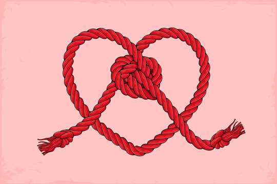 Hand drawn illustration of a red rope knotted into a heart shape with frayed ends on a soft pink textured background