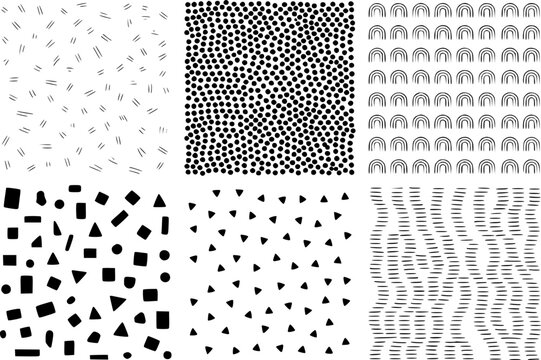 Black and white abstract patterns featuring dots lines rainbows squares triangles and irregular shapes