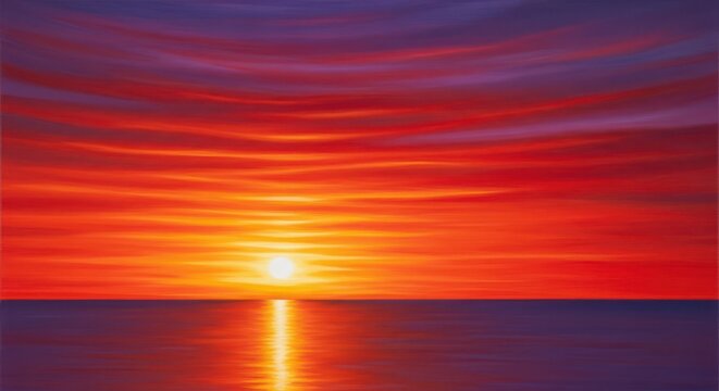 A stunning, glorious sunset painting the vast sky with fiery orange, purple, and deep red colors, creating a dramatic, tranquil scene over a calm horizon, peaceful, evening, violet