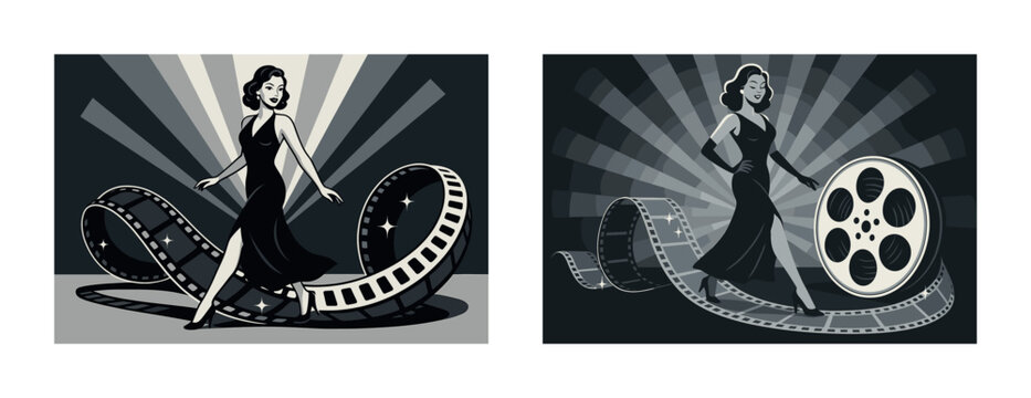 Glamorous retro female star walking through film reel in black dress