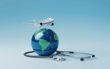 Fototapeta premium A stethoscope wrapped around a globe with an airplane flying above, symbolizing global health and travel.