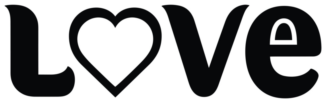 Love typography vector with heart symbol replacing letter O, romantic black text design for Valentine&rsquo;s Day, wedding, greeting card art