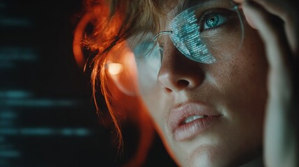 Intense woman coding with glasses reflecting data, a modern cyber security or tech concept for innovative solutions and digital transformation now