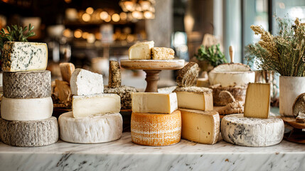 Assorted cheese varieties displayed on a marble countertop, showcasing textures and colors, with decorative elements and soft lighting enhancing the gourmet atmosphere