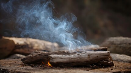 Smoldering wood logs emitting delicate plumes of white smoke creating an atmospheric and rustic scene in the outdoors