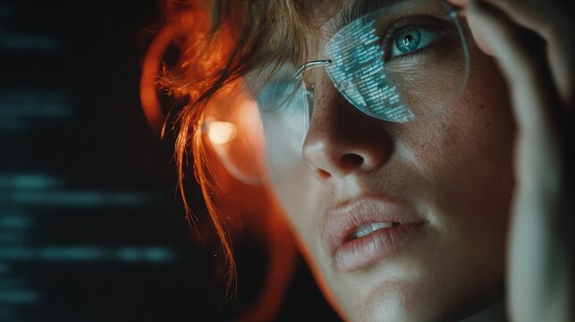 Intense woman coding with glasses reflecting data, a modern cyber security or tech concept for innovative solutions and digital transformation now - Powered by Adobe