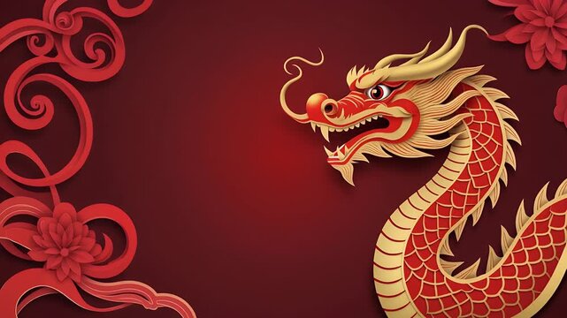Traditional Red And Gold Chinese Dragon Illustration With Red Floral Accents On A Dark Red Gradient Background