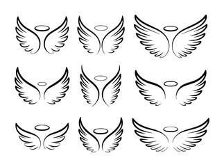 Collection of black angel wings with halos in various styles and arrangements symbol