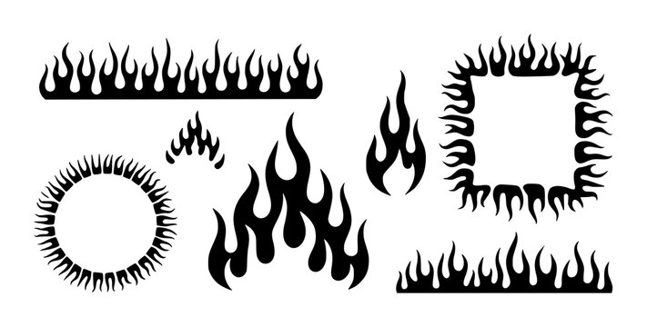 Collection of black flame shapes and borders white background fire heat