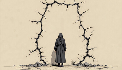figure in a hooded cloak reflecting on emotional burnout, standing before a cracked abstract wall symbolizing mental pressure and introspection, concept emotional awareness